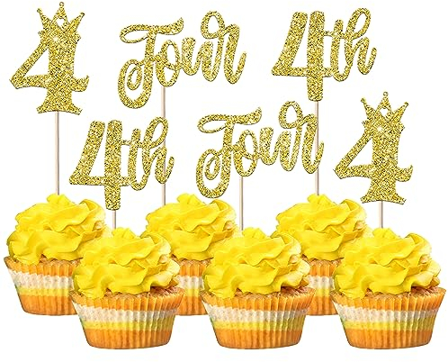 SYKYCTCY 24 Pack 4th Birthday Cupcake Toppers Glitter Four Birthday Cupcake Picks Fourth Cupcake Picks With Crown Happy Birthday Cake Decorations for Baby Shower Anniversary Party Supplies Gold