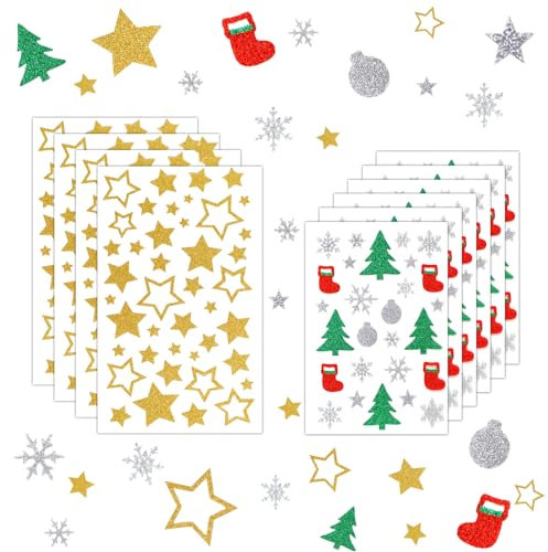 Coicok 394 Stück Weihnachten Glitzer Stickers, Weihnachtsaufkleber, Weihnachtssticker Selbstklebend, Aufkleber Weinachten Weihnachtsbaum Sterne Schneeflocken für Weihnachtliche Bastelarbeiten und Deko