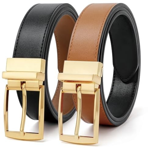 JASGOOD Reversible Belt for Women Leather Belts for Jeans Pants Fashion Ladies Dress Belt Trim to Fit,Black/Brown Gold Buckle,S