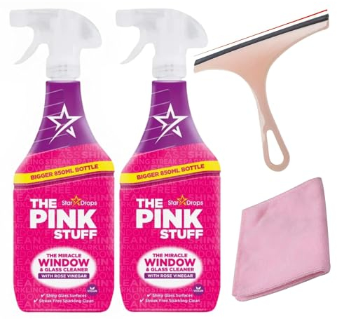Window and Glass Cleaner Spray bundle with 2 x 850ml Pink Stuff Set Window Cleaner and Infinite Emblems Pink Microfibre Cloth & Squeegee