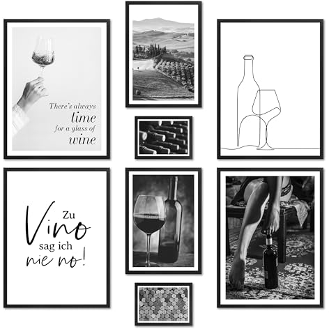 ARTFAVES® Poster Set - WINE TIME - mehrteilige Wanddeko Wohnzimmer & Küche & Esszimmer - 8 moderne Wandbilder Wein, zu Vino sag ich nie no, schwarz weiss, mit Rahmen Schwarz