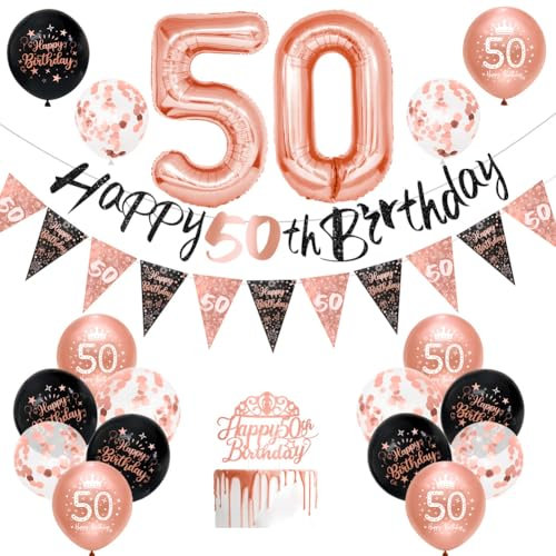 Women 50th Birthday Decorations Black Rose Gold 50th Black Rose Gold Birthday Decorations 16 Pack by Wonsta