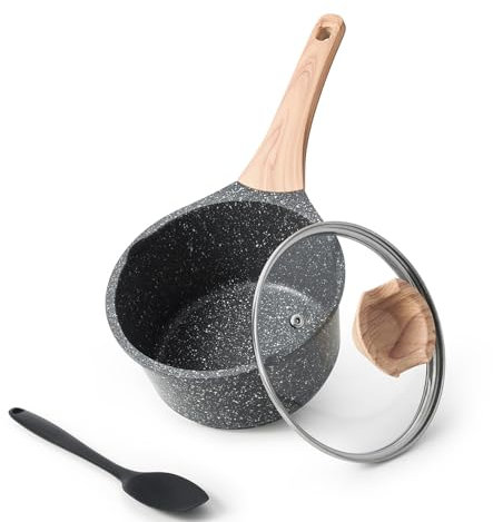 Kordisen Juego de Sartenes con Tapa, 16cm, Olla Pequeña Antiadherente con Revestimiento de Granito, Olla con Pico Vertedor, Olla Multifuncción para Inducción, Olla de Cocina, Libre de PFOA/PFOS