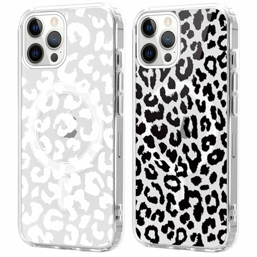 Xylota 2 Stück Magnetisch Hülle für iPhone 12 Pro Max 6.7 '' [Kompatibel mit MagSafe], Leopard Muster Mädchen Aesthetic Design Klare Handyhülle, Stoßfeste Transparent Schutzhülle für iPhone 12 Pro Max