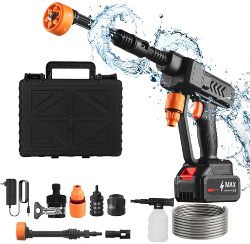 Iriisy Hochdruckreiniger Akku 6 in 1 Druckreiniger 21V 60 bar Tragbarer Mobiler Hochdruckreiniger mit Akku Ladegerät/Zubehör für Auto Terrasse Fenster Rasen Garten