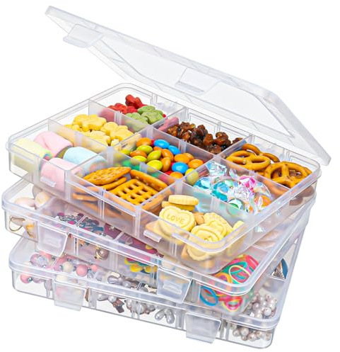 Meng Jiaran 3 PCS Snack Boxes with Compartments for Kids,Small Snack Box with 15 Removable Compartments,Plastic Organizer Container with Adjustable Dividers for Snack Bead Screw Nut (20×16×3CM)