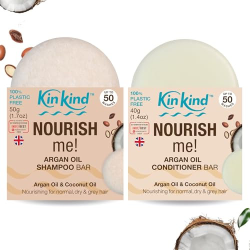 KinKind NOURISH me! Shampoo-Riegel und Conditioner-Set | Arganöl und Kokosöl für Feuchtigkeit und Geschmeidigkeit | Für normales, trockenes und graues Haar. 50 Haarwäschen.