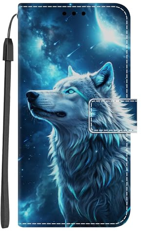 Guxira Flip Leather Case for Samsung Galaxy A16 4G / 5G, 360 degrees Protective Cover Silicone Wallet Case Shockproof Cute Cover with Card Slots and Magnetic Closure Case - Starry Wolf