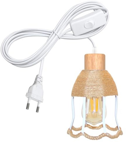 LQUNFYL 5M Cavo Lampadario a Sospensione con Spina, Legno E27 Portalampada con Interruttore, Include Bianco Forma del Fiore Corda Canapa Metallo Paralume, Lampada a Sospensione, DIY Lampade a parete
