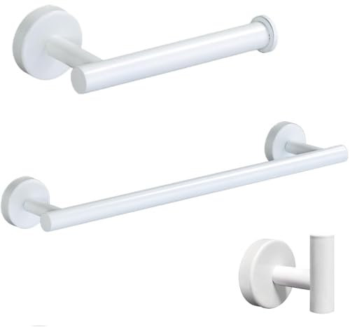 YUET Towel Bars Bathroom Accessories Set - 3 Pieces Stainless Steel Hardware Set Wall Mounted Rack, 12 Bath Towel Bar + Toilet Paper Holder + Towel Robe Hook, Heavy Duty Kit Shower Construction White