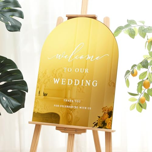 Yousoontic Modern Arch Acrylic Wedding Welcome Sign Mirror, Welcome to Our Wedding Sign, Minimalist Large Party Signs for Ceremony Lawn Outdoor Indoor (Gold)