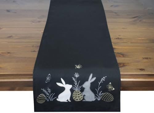 Tischläufer mit Osterhasen und Eiern, Motiv, Stickerei zu Ostern, Schwarz-Gold, Modern, 40x140 cm