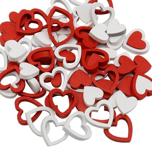 WANYI 72 Stück Herz Deko Rot Weiß Holzherzen Deko Mini Herz Streudeko Holz Tischdeko Konfetti für Valentinstag Hochzeitsdeko Geburtstag Taufe Deko