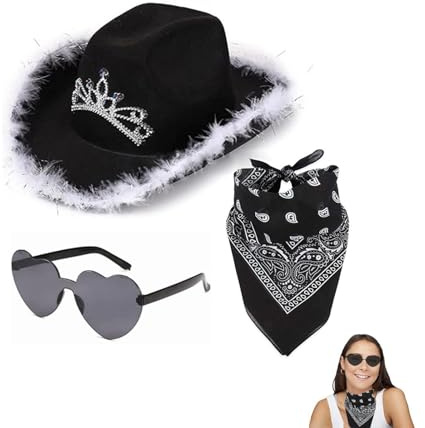 Rosa Cowgirl Hut, Rosa Westlicher Cowboyhut, Quadratische Bandana-Cowboyhüte | Filz Cowgirl Zubehör Mit Herzbrille, Cowgirl Co Hüte