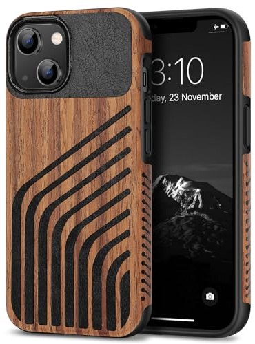 TENDLIN Compatible with iPhone 13 mini Case Wood Grain with Carbon Fiber Texture Design Leather Hybrid Slim Case (Hairline)
