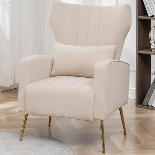 YUUIJOAA Modern Accent Chair Upholstered Living Room Chair,High Back Arm Chair with Metal Legs Lumbar Reading Chair for Bedroom, Apartment, Small Spaces Velvet Beige