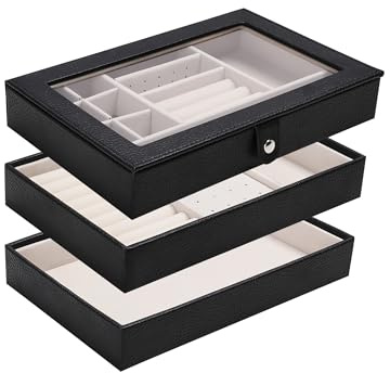 Boxudeli 3 Ebenen Schmucktablett Stapelbar, Schmuckkästchen groß Schmuckschalen Schubladedisplay mit transparentem Deckel, Schmuckaufbewahrung Organiser (Schwarz, 3 Lagen Deckel zum Anbringen)