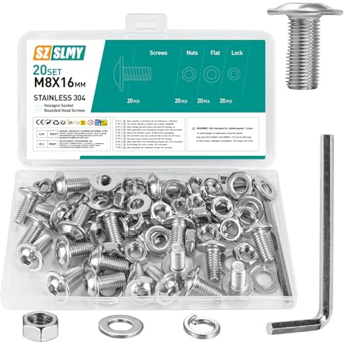 Juego de 20 tornillos M8, tornillos de cabeza alomada M8 x 16 mm, acero inoxidable, tornillos de brida, tornillos de cabeza plana con brida, rosca completa para máquina, juego de tornillos roscados