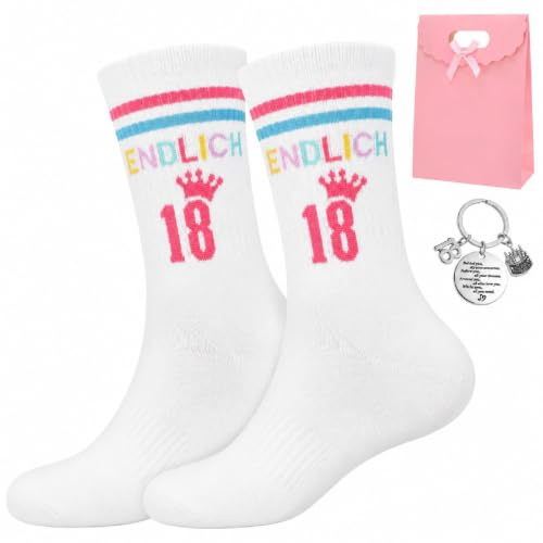 Utensilsto 18 Geburtstag Mädchen, Socken zum 18. Geschenk Lustige Socken | Baumwolle Socks 38-42 mit Schlüsselanhänger und Geschenktüte Geburtstagsgeschenk für 18 Jahre Mädchen