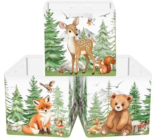 Clastyle 3 Stück Waldtier Aufbewahrungsbox Stoff für Kallax Faltbar Aufbewahrungskorb Klein Schrank Organizer Kleiderschrank für Regal, Zeder Löwe Elefant, 30x30x30 cm
