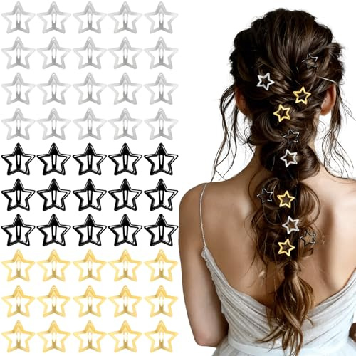 50 Pinces à Cheveux Étoiles, Pinces Métalliques de 3 cm pour Femmes et Enfants (Argent, Or, Noir)