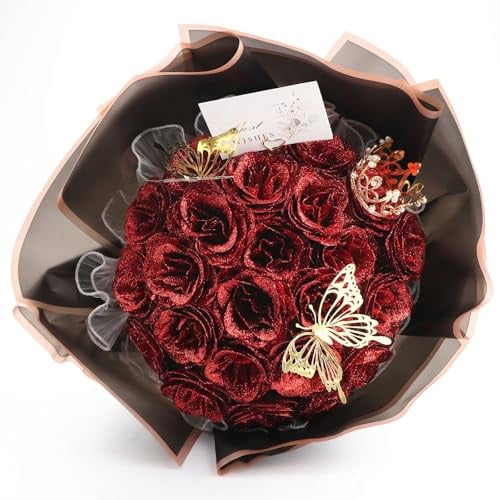 Bouquet Rose Rosse Finte Brillantini Eterna Mazzo di Fiori Glitterati | Fai da te 24 Pezzi Rose Artificiali Bordeaux Farfalle E Corona per San Valentino Matrimonio Anniversario Festa Della Mamma