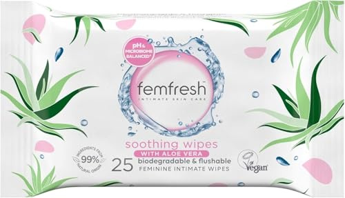 Femfresh Soothing Intimate Wipes with Aloe Vera & Calendula, 25 Wipes | Flushable & Biodegradable Feminine Wipes with Aloe Vera & Calendula, pH Balanced & Hypoallergenic