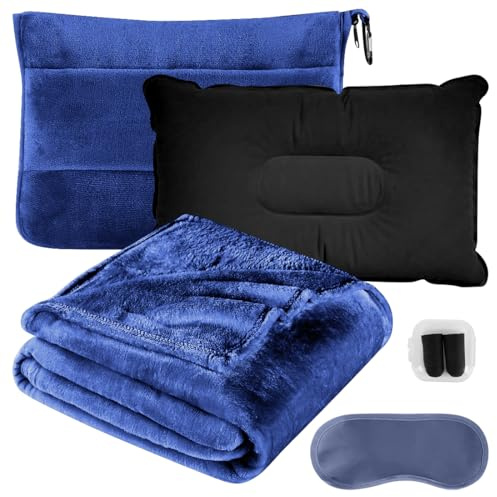 Reisedecke Kissen 2 in 1, 127x152 cm Weiche Flugzeugdecke, Reisedecke Ultraleicht Warm, Langstreckenflug Zubehör, Flugzeugdecke für Reisen, Büro, Zuhause, Geschäftsreisen (S-Blau)