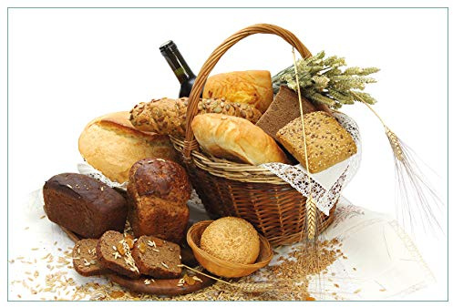 Wallario Küchenrückwand selbstklebend 90 x 60 cm, Motiv: Brot und Brötchen im eleganten Korb - mit Wein und Getreide | Spritzschutz abwischbar & pflegeleicht