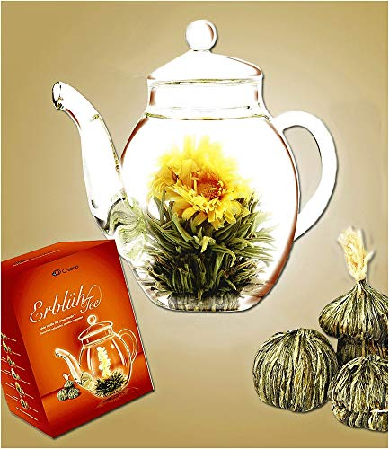 Creano Erblüh-Tee, Teeblume 1 Geschenk-Set 6 Teekugeln und 1 Glaskanne