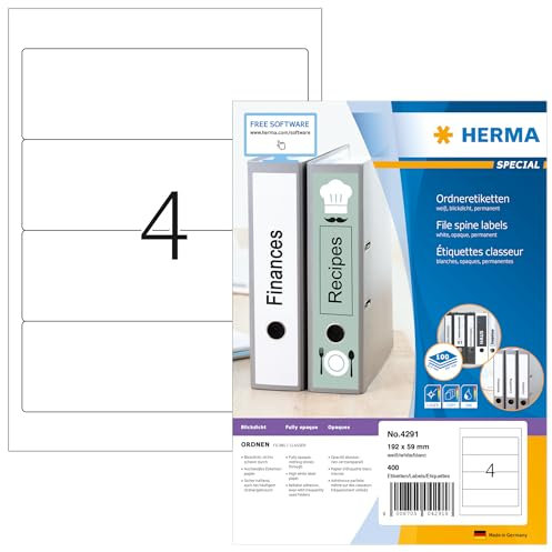 HERMA 4291 Ordnerrücken Etiketten kurz breit, 100 Blatt, 192 x 59 mm, 4 pro A4 Bogen, 400 Stück, selbstklebend, bedruckbar, blickdicht, blanko Papier Ordneretiketten Rückenschilder Aufkleber, weiß