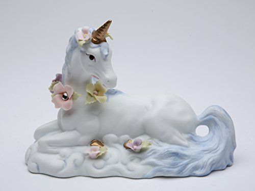 GC Figurine Licorne Blanche avec Fleurs assises, Porcelaine, 10,2 cm de Hauteur