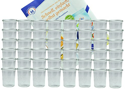 MamboCat 48er Set Weckgläser Sturzglas 160 ml I Original Weck Sturzglas Dessertglas I Einweckgläser für Kuchen Gelees UVM I Sturzgläser ohne Deckel inkl. Diamant-Zucker Gelierzauber Rezeptheft