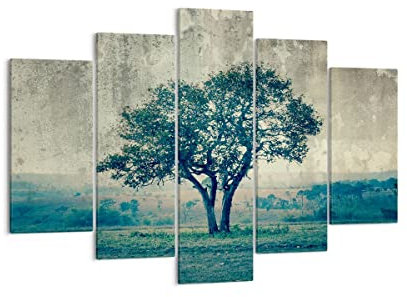 Moderne Impression sur Toile 150x100cm Image Tableau Decoration Murale arbre nature champ Tableaux Decoratifs Muraux Chambre Triptyque 5 parties Deco Cadre Décoration Salon Art Wall EA150x100-3627