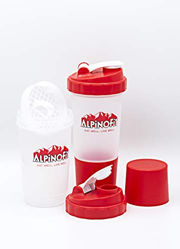 ALPiNOFiT Shaker - 500 ml - BPA-frei - mit externem Pulverfach - Siebeinsatz für cremige Shakes
