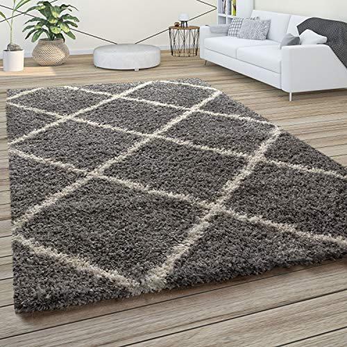 Paco Home Hochflor Teppich Wohnzimmer Schlafzimmer Shaggy Skandinavisch Rautenmuster, Grösse:60x100 cm, Farbe:Grau