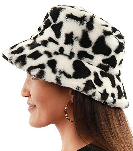 Beevarn Fischerhut, Flauschiges Schaf-Druck, für Damen und Herren, Plüschmütze, warm, weich, verstellbar, Winter, Frühling, Kuh Weiß Schwarz