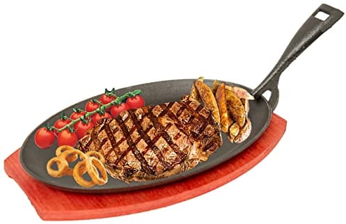 Cast Iron Sizzler Plate Oval Serving Pan, Pre-Seasoned Fajita Platter with Wooden Trivet for Serving Hot Sizzling Dishes (27cm x 17.5cm)