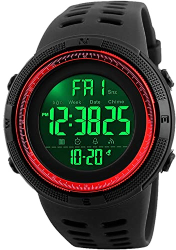 SKMEI Digitale Sportuhr für Herren, 50 m, wasserdicht, LED, Militär, Multifunktions-Armbanduhr, Stoppuhr, Countdown, automatisches Datum, Alarm, schwarz / rot, Chronograph, Digital, Smartwatch