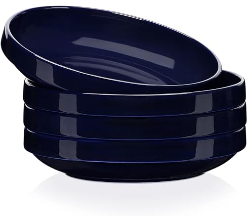 LOVECASA 1250ml Assiette Creuse en Porcelaine | Assiette à Soupe Bleu Foncé | Ø20.7 x H4.5 cm | Écologique - Lavable au Lave-Vaisselle - Ultra Léger | 4 Pièces