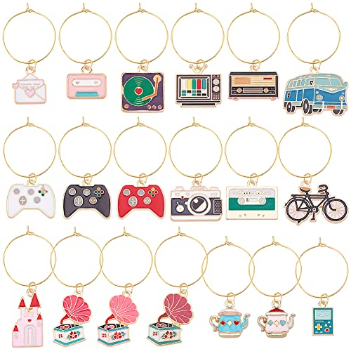 BENECREAT 18 Sets Weinglas Charms Marker Tags mit Retro-Thema Legierung Emaille Anhänger und 30pcs Jump Ringe für Familie Versammlung Hochzeit Geburtstag Party