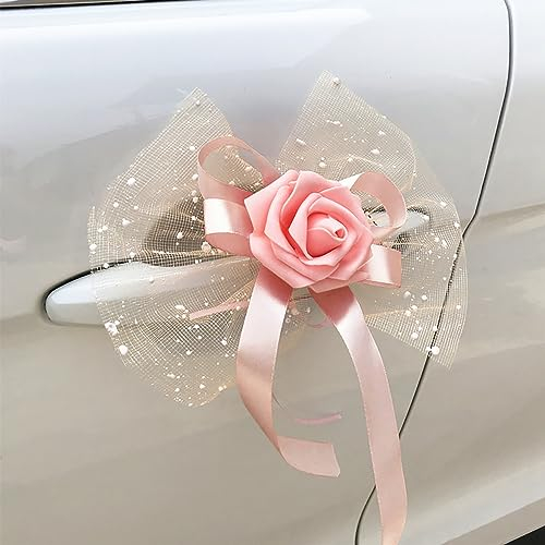 Lot de 10 nœuds décoratifs pour voiture de mariage - Fleurs roses - Nœuds prêts à l'emploi - Nœuds d'antenne pour décoration de mariage - Rétroviseur de voiture - Poignée de porte - Fleurs mousseuses