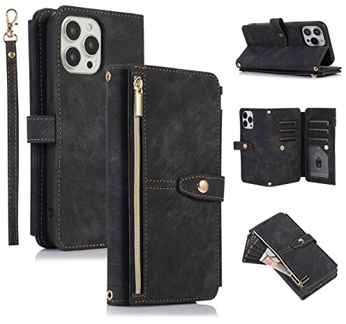 UEEBAI Case for iPhone 13 Pro 6.1 inch, 9 Card Slots Retro Leather Wallet Shockproof Flip Cover with Hand Strap Card Slots Zipper Pocket Kickstand Handbag Magnetic Closure - Vintage Black