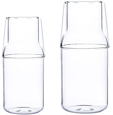 MISNODE Set di 2 caraffe da comodino da 360 ml con bicchiere per comodino, bottiglia in vetro per collutorio per bagno, brocca trasparente per acqua (trasparente, 360 ml+500 ml (2 set))