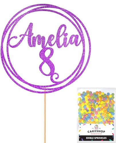 Personalised Round Happy Birthday Glitter Cake Topper - Purple Any Custom Age & Name Glitter Cake Decoration and Sprinkles - Happy Birthday Decorations - Personalised Toppers for Cakes by Cakeshop