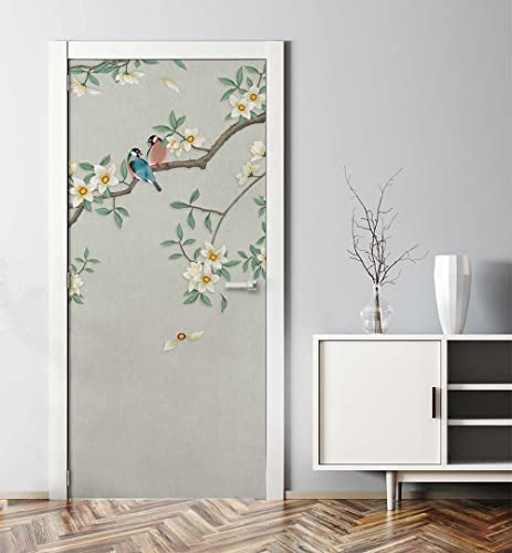 MyMaxxi - Tür bekleben mit Türtapete Türposter Türfolie Selbstklebend 90x200 Malerei Vogel im Frühling - Tür verschönern Türaufkleber Türklebefolie Baum Blüte grün