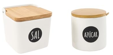 Kcasa - Salero y azucarero cocina blanco minimalista ceramica con tapa madera español