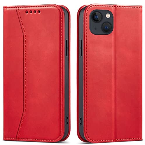OKZone Compatible with iPhone 13 (6.1 Inches) Case, Magnetic Leather Mobile Phone Case for iPhone 13, Premium Leather Flip Foldable Card Slots Shockproof Stand Function (Red)