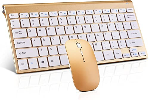 Wireless Keyboard and Mouse Combo, Compact Quiet Wireless Keyboard and Mouse Set 2.4G Ultra-Thin Sleek Design for Windows, Computer, Desktop, PC, Notebook, Laptop (GHKM03 Gold 01)
