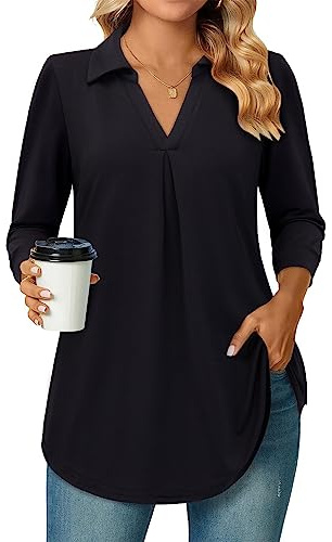 Bulotus Business Casual Tops for Women, Tunic Tops for Women Loose Fit Dressy Women's 3/4 Length Sleeve Tops Collared V Neck Casual Blouse Long Shirts to Wear with Leggings, Black, L